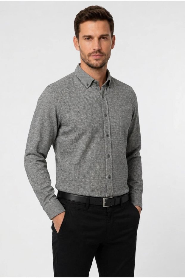 Black Dynamic Fit Slim Fit Button-Down Collar Long Sleeve 50% Cotton Shirt