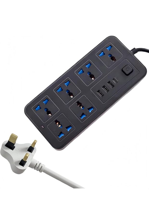 وصلة تمديد كهربائية متعددة الوظائف، مقبس بريطاني ثلاثي الأقطاب مع 6 منافذ |   3 منافذ USB |   1
