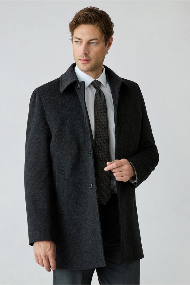 Wool Cashmere Blend Buttoned Pocketed Plain Classic Cashmere Coat