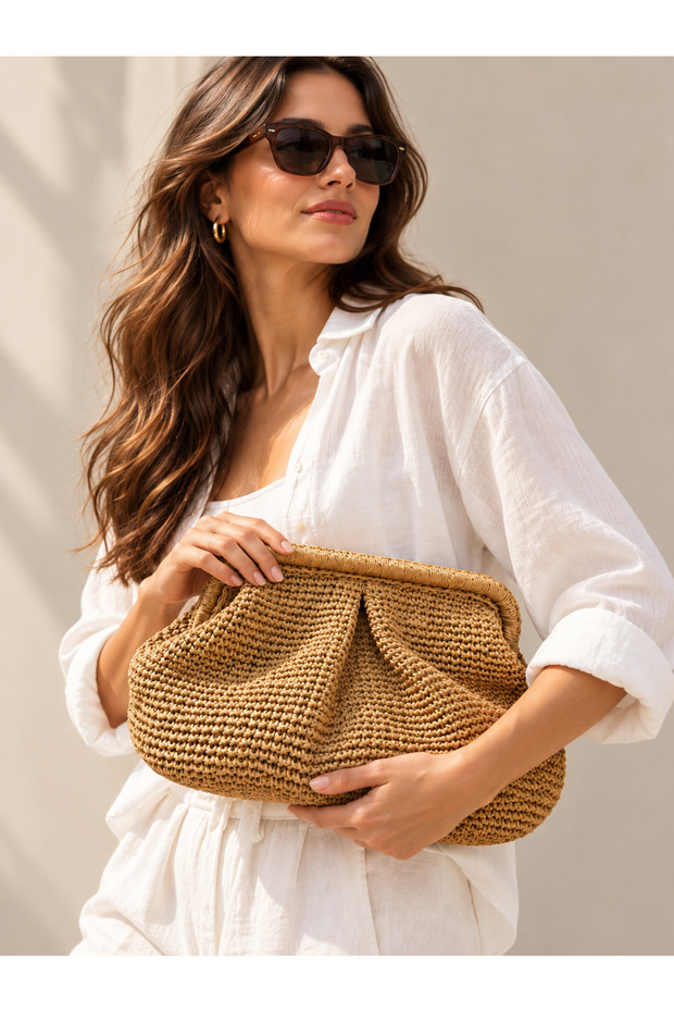 Women's Mink Hand-Knitted Raffia Clutch Bag – Scholarship-Style, Lined, Straw-Look Handbag