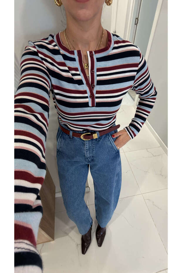 Belliza Burgundy Blue Striped Blouse
