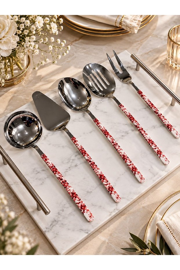 5 Piece Sauce Ladle Serving Set Floral Red