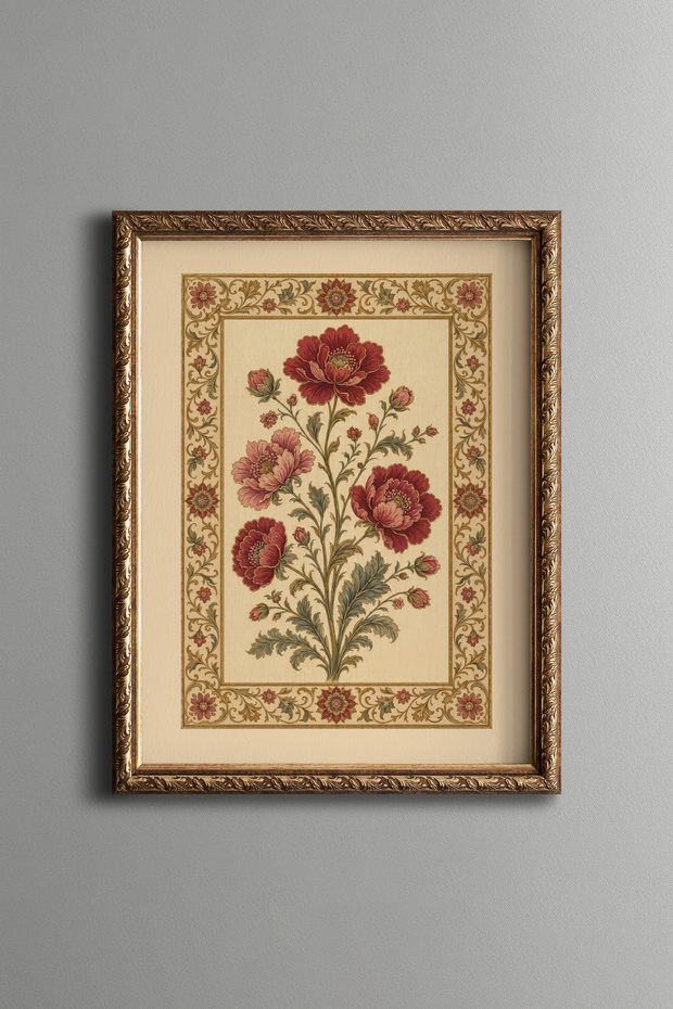 Red Flowers with Borders on Cream Background - Vintage Patterned Painting - Fine Model