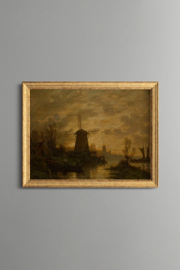 Windmill and River at Sunset - Vintage Patterned Painting - Fine Model