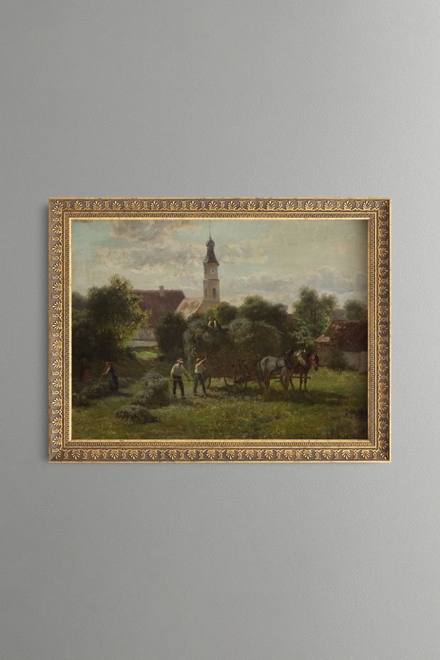 Village Life in Front of the Church Tower - Vintage Patterned Painting - Fine Model