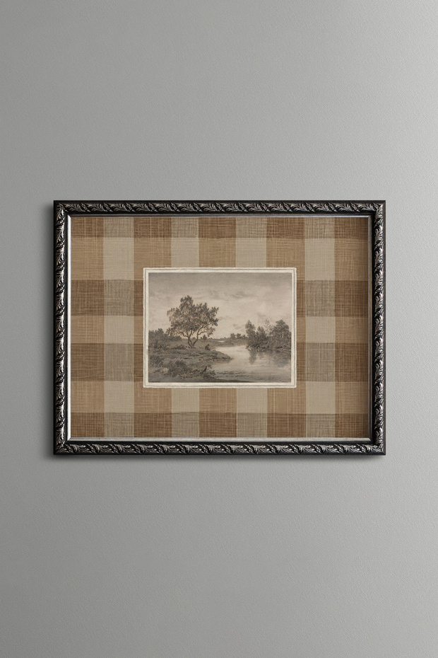 Small Rural Scene on Plaid Background - Vintage Patterned Painting - Fine Model
