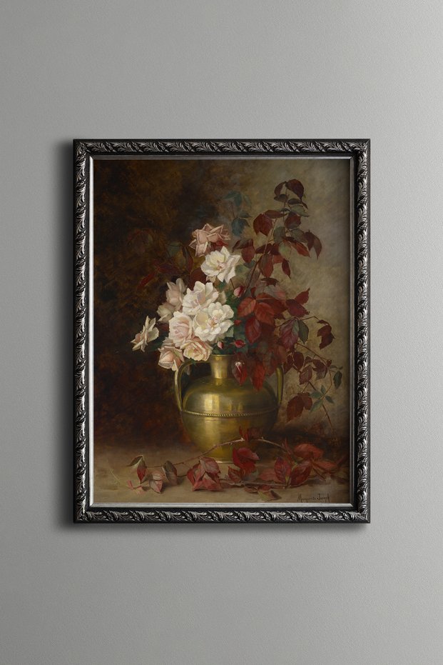 White and Red Flowers in a Brass Vase - Vintage Patterned Painting - Fine Model