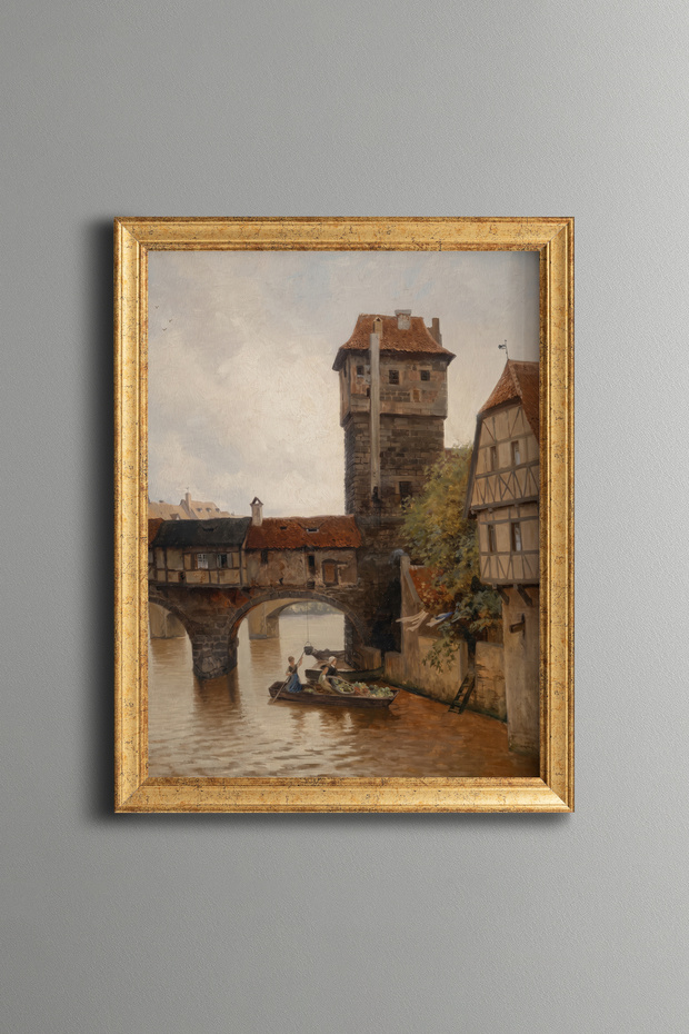 Bridge and Historical Tower over the Canal - Vintage Patterned Painting - Fine Model