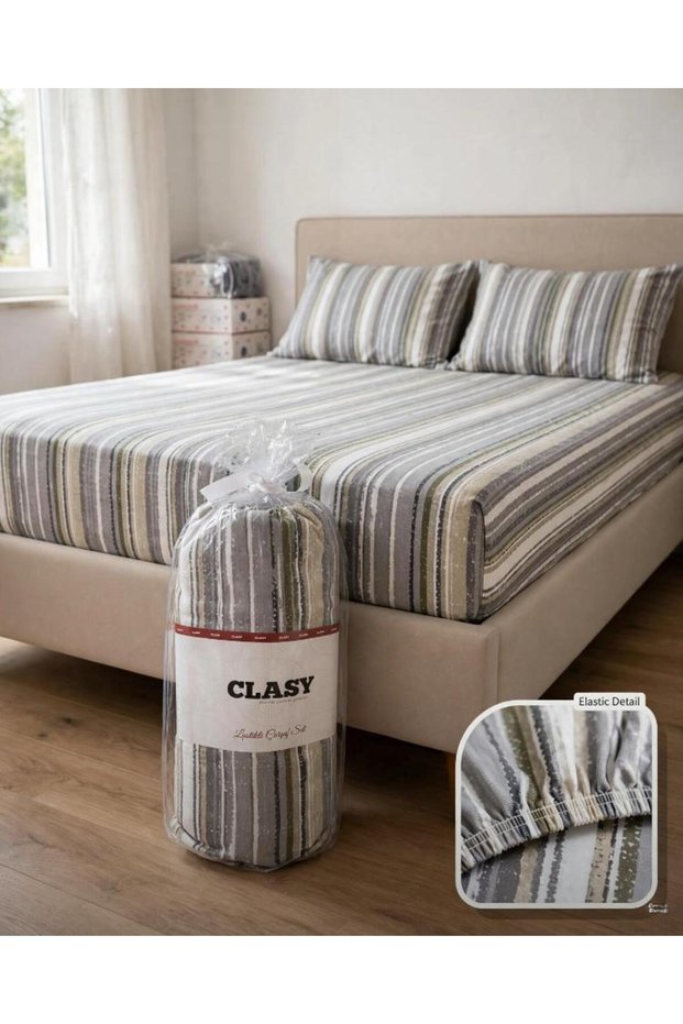 100% Cotton Ranforce Fabric Double Fitted Sheet Set 160X200 Cm+30 cm Striped Gray