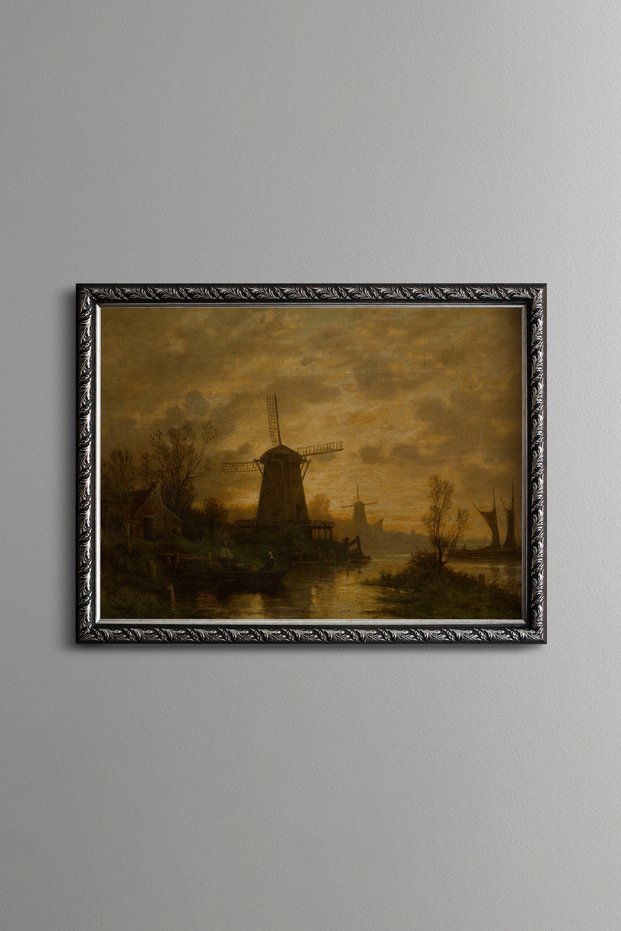 Windmill and River at Sunset - Vintage Patterned Painting - Fine Model