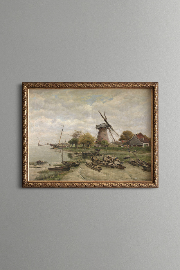 Windmills and Boats by the Canal - Vintage Patterned Painting - Fine Model