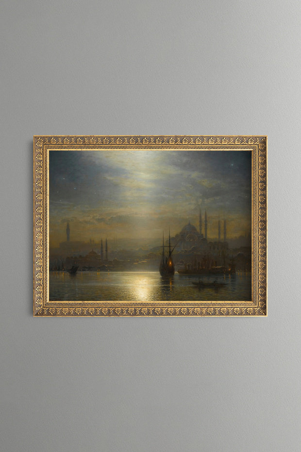 Istanbul and Boats in Moonlight - Vintage Patterned Painting - Fine Model