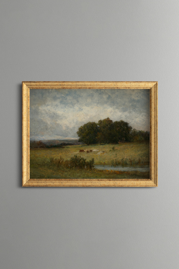 Herds Grazing under a Big Tree - Vintage Patterned Painting - Fine Model