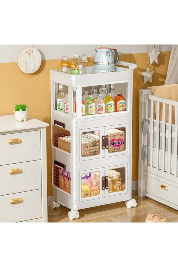 3 Layers Plastic Storage Organizer with Wheels, 2 Door+1 Low