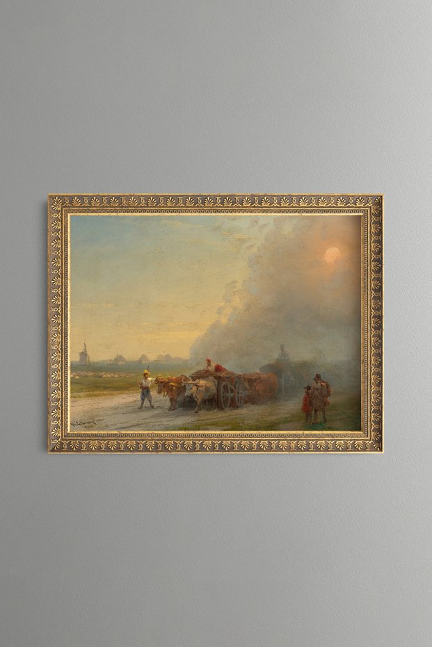 Cattle Herd and Shepherd at Sunset - Vintage Patterned Painting - Fine Model