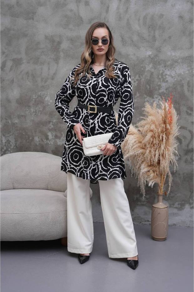 Women's Patterned Shirt Collar Long Sleeve Stylish Tunic