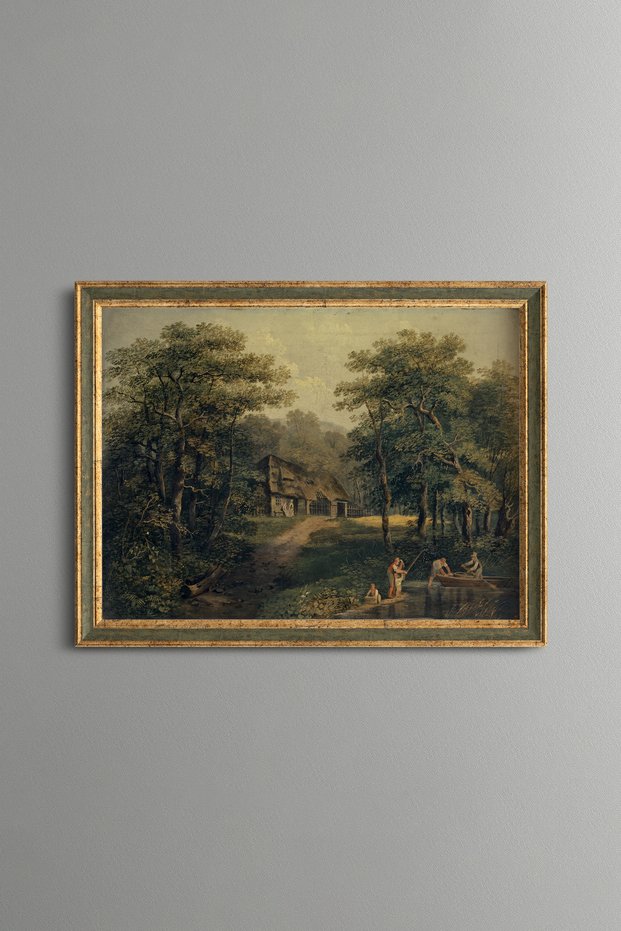 Cottage and Stream among the Trees - Vintage Patterned Painting - Fine Model