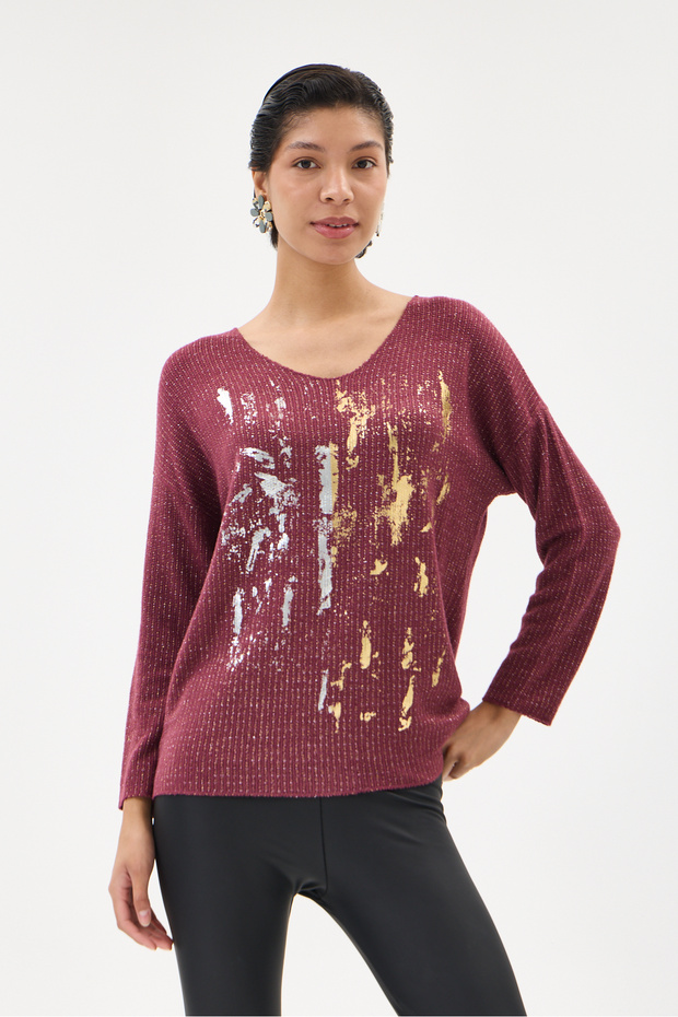 Burgundy Italian Glittery Foil Low Sleeve Blouse Size 38 - 42