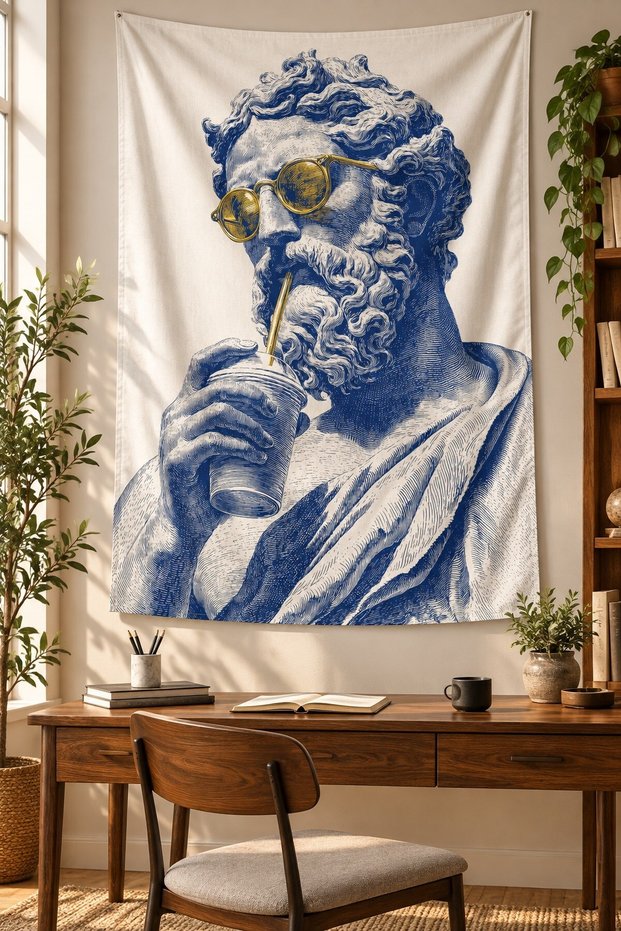 Modern Art with Antique Sculpture Figure with Glasses Stain Resistant Fabric Wall Covering Wall Tapestry Tapestry