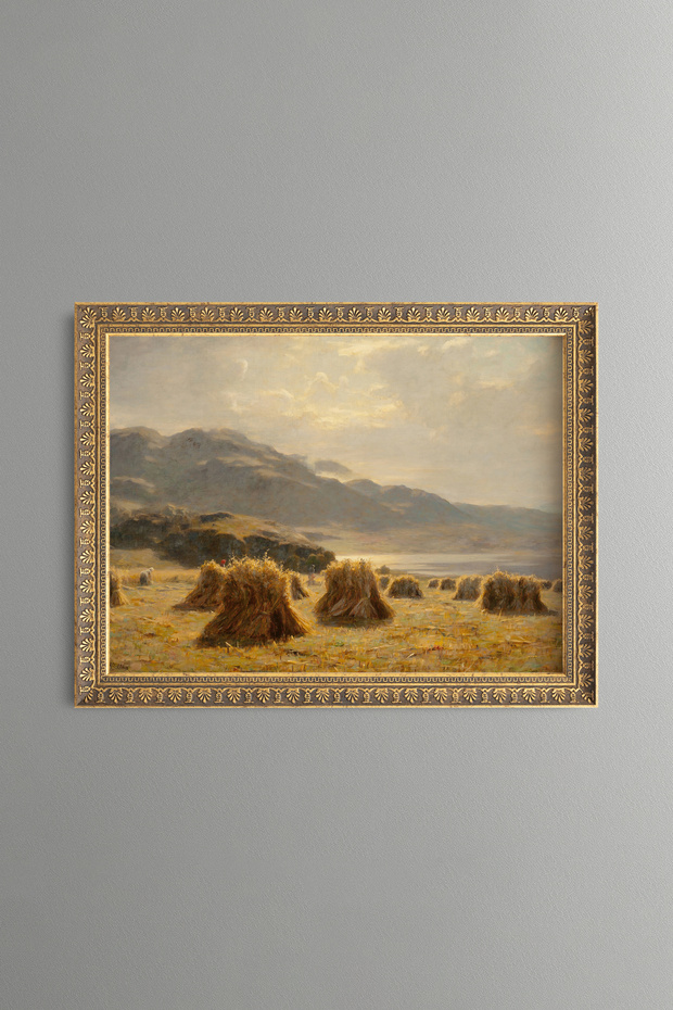 Stacks of Hay in the Mountain Valley - Vintage Patterned Painting - Fine Model
