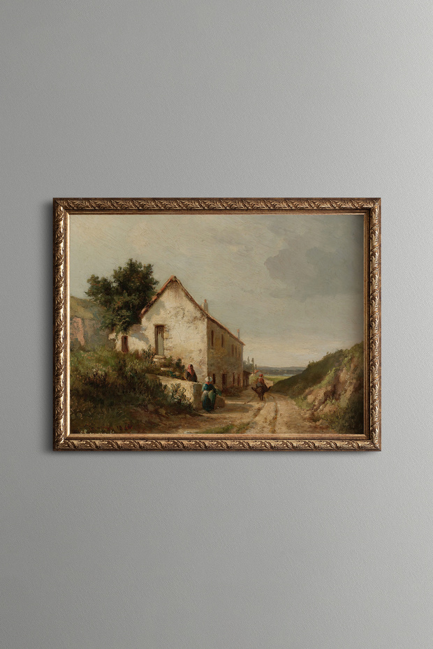 Stone Village Houses on the Countryside Road - Vintage Patterned Painting - Fine Model