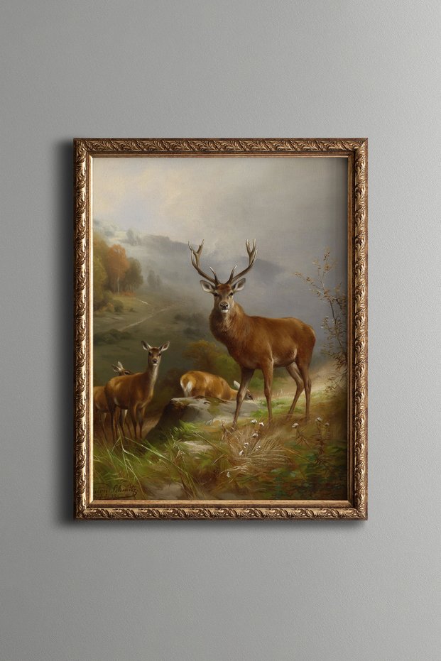 Deer Family in the Forest - Vintage Patterned Painting - Fine Model