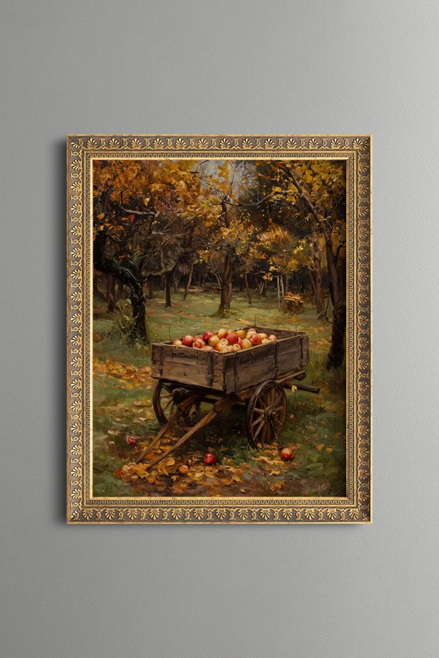 Apple-Loadened Wheelbarrow in the Autumn Garden - Vintage Patterned Painting - Fine Model