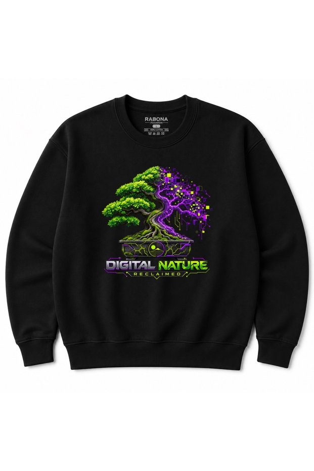 Digital Nature Reclaimed – Cyberpunk Bonsai Tree Graphic Sweatshirt
