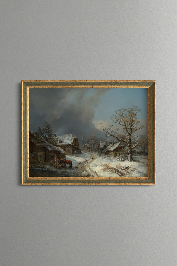 Snowy Village Landscape - Vintage Patterned Painting - Fine Model