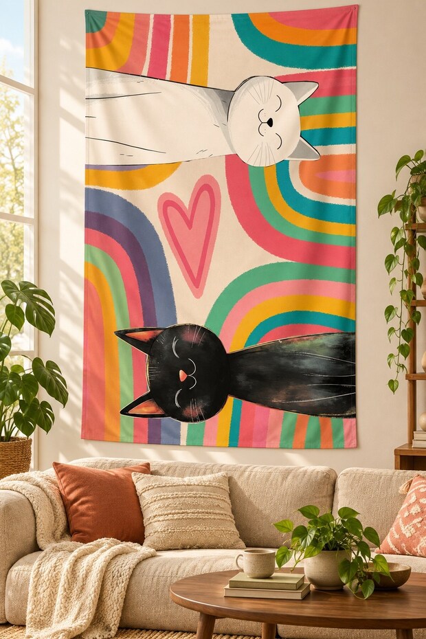 Cat and Rainbow Pattern Modern Abstract Stain Resistant Fabric Wall Covering Wall Tapestry Tapestry
