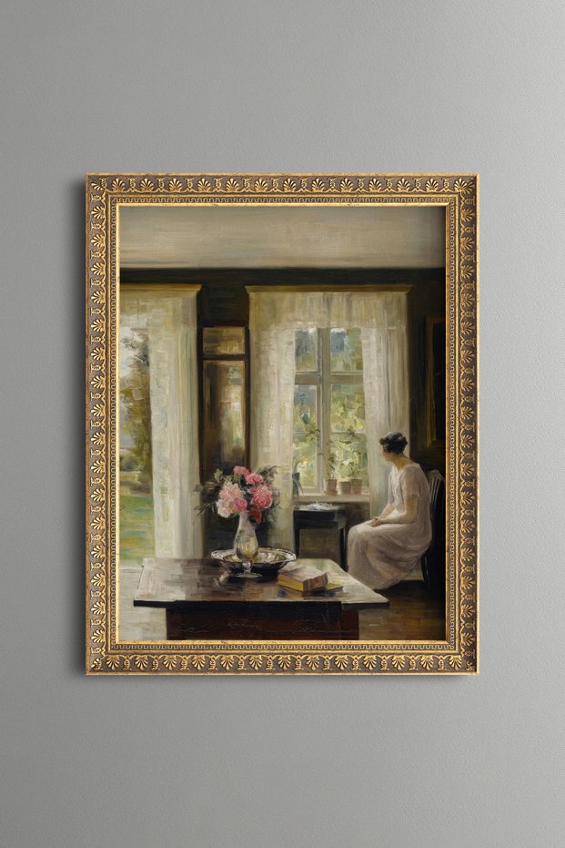Flowers and Sitting Woman in Front of the Window - Vintage Patterned Painting - Fine Model