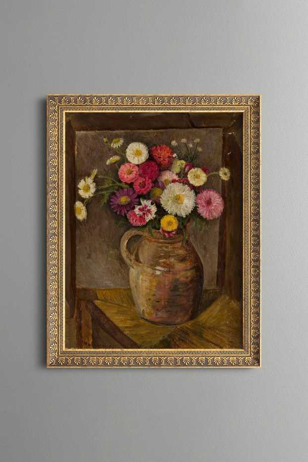 Colorful Flower Still Life in a Vase - Vintage Patterned Painting - Fine Model
