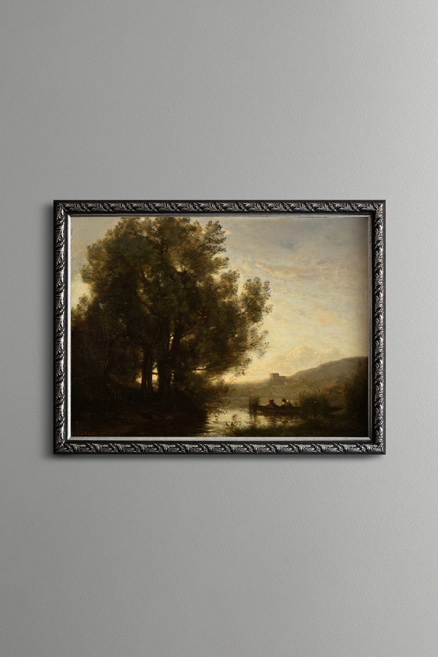 Large Tree and Kayak by the River - Vintage Patterned Painting - Fine Model