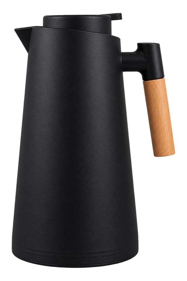 1000 ml Nordic Style Thermal Coffee Carafe, Glass-Lined Vacuum-Insulated Jug with PP Shell, Wooden Handle and Push-Button Lid, Heat-Resistant, Spill-Proof, Stain-Proof, Leak-Resistant Spout