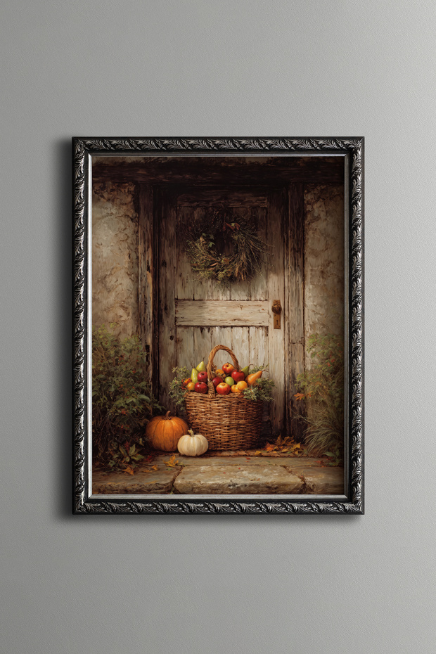 Harvest Basket in Front of Old Wooden Door - Vintage Patterned Painting - Fine Model