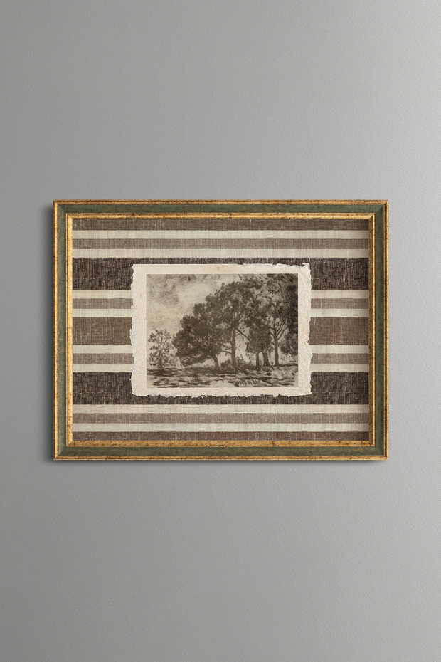 Countryside Scenery with Trees on a Striped Background - Vintage Patterned Painting - Fine Model