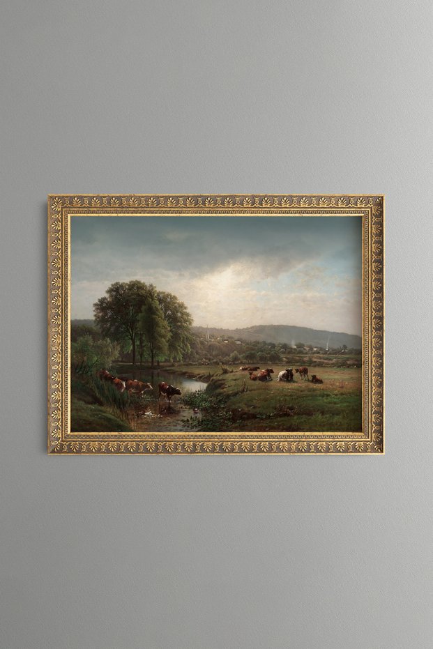 Cattle Grazing on a Wide Meadow - Vintage Patterned Painting - Fine Model