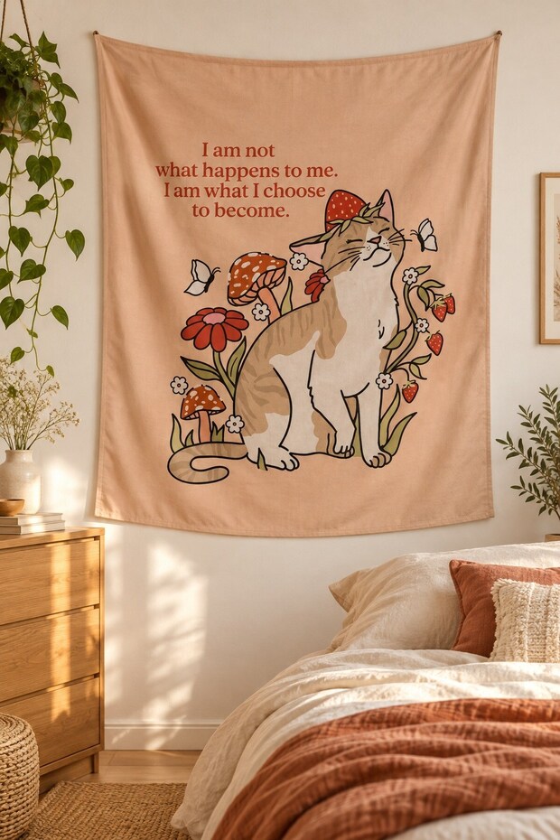 Motivational Written Floral Cat Patterned Bohemian Stain-Resistant Fabric Wall Covering Wall Tapestry Tapestry