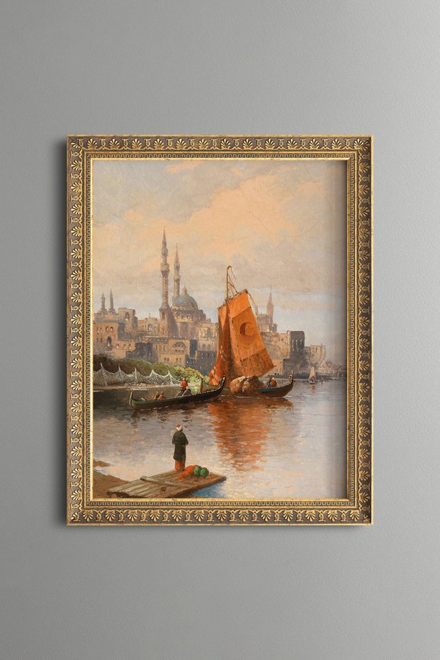 Red Sailboat on the Coast and City Silhouette - Vintage Patterned Painting - Fine Model