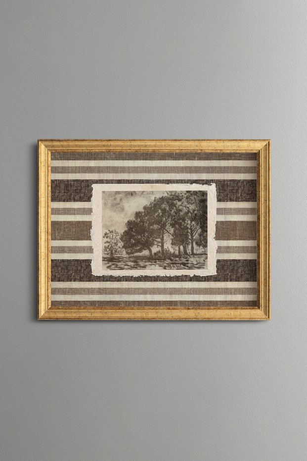 Countryside Scenery with Trees on a Striped Background - Vintage Patterned Painting - Fine Model