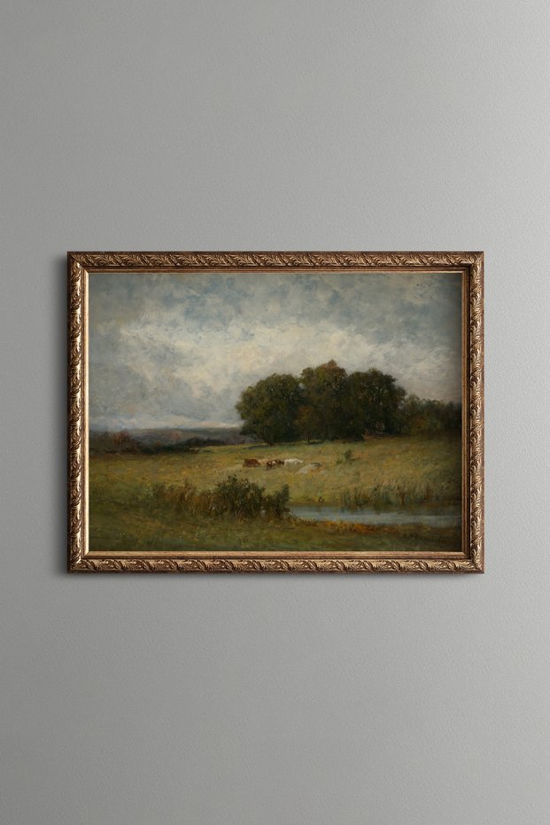 Herds Grazing under a Big Tree - Vintage Patterned Painting - Fine Model