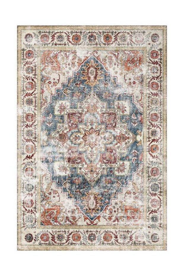 Carpet Rug Anti-Slip- Size- 244 x 305 (8 x 10 ft) | Color- Beige & Blue |Boho Chic| Ideal as Carpets for Living room, Bedroom & Office