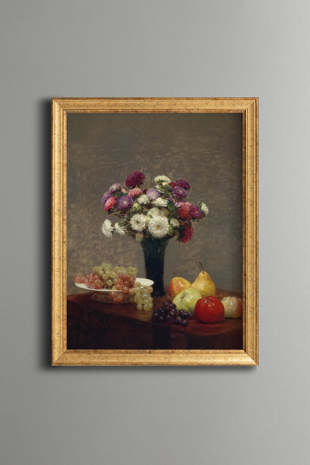 Vase Full of Roses and Fruit Table - Vintage Patterned Table - Fine Model