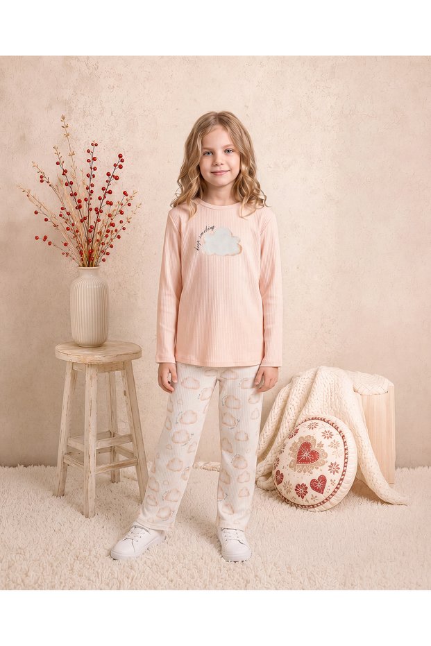 Girls & Baby Cotton Ribbed Cloud Printed Straight Leg Long Sleeve Pajama Set Salmon