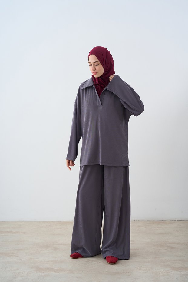 Women's Shirt Collar Ribbed Suit Gray