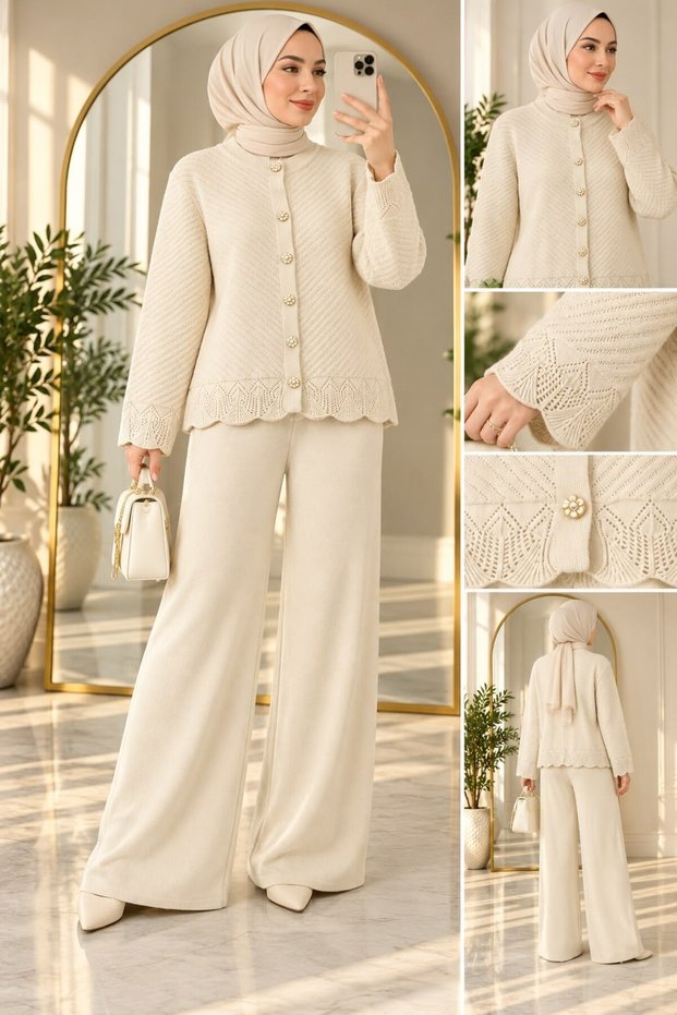 Women's lavin judge collar knitwear set with pants beige