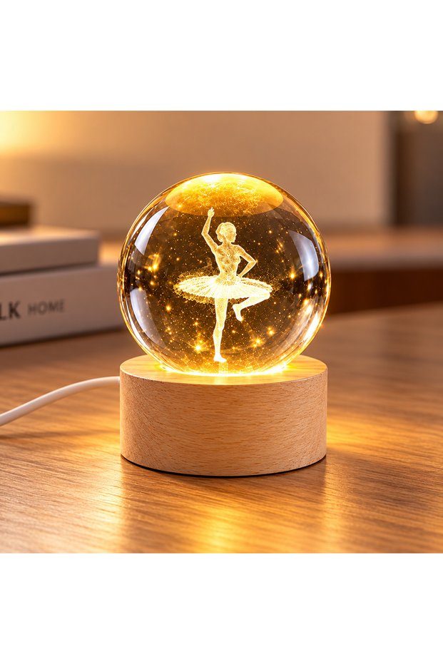 3D Led Lighted Ballerina Figure Mini Glass Globe with Wooden Stand - Night Light