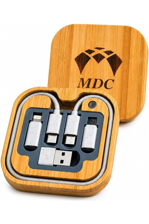 مجموعة كابلات شحن USB 3 في 1 مع علبة من الخيزران، كابل شحن سريع 60 واط متعدد الاستخدامات مع منفذ USB-C، L