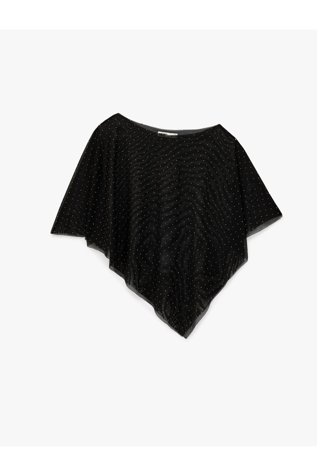 Loose Fit Boat Neck Asymmetrical Stoned Tulle Cape Blouse