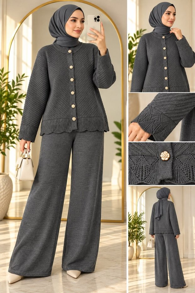 Women's Lavin Hakim Collar Knitwear Pantsuit Gray